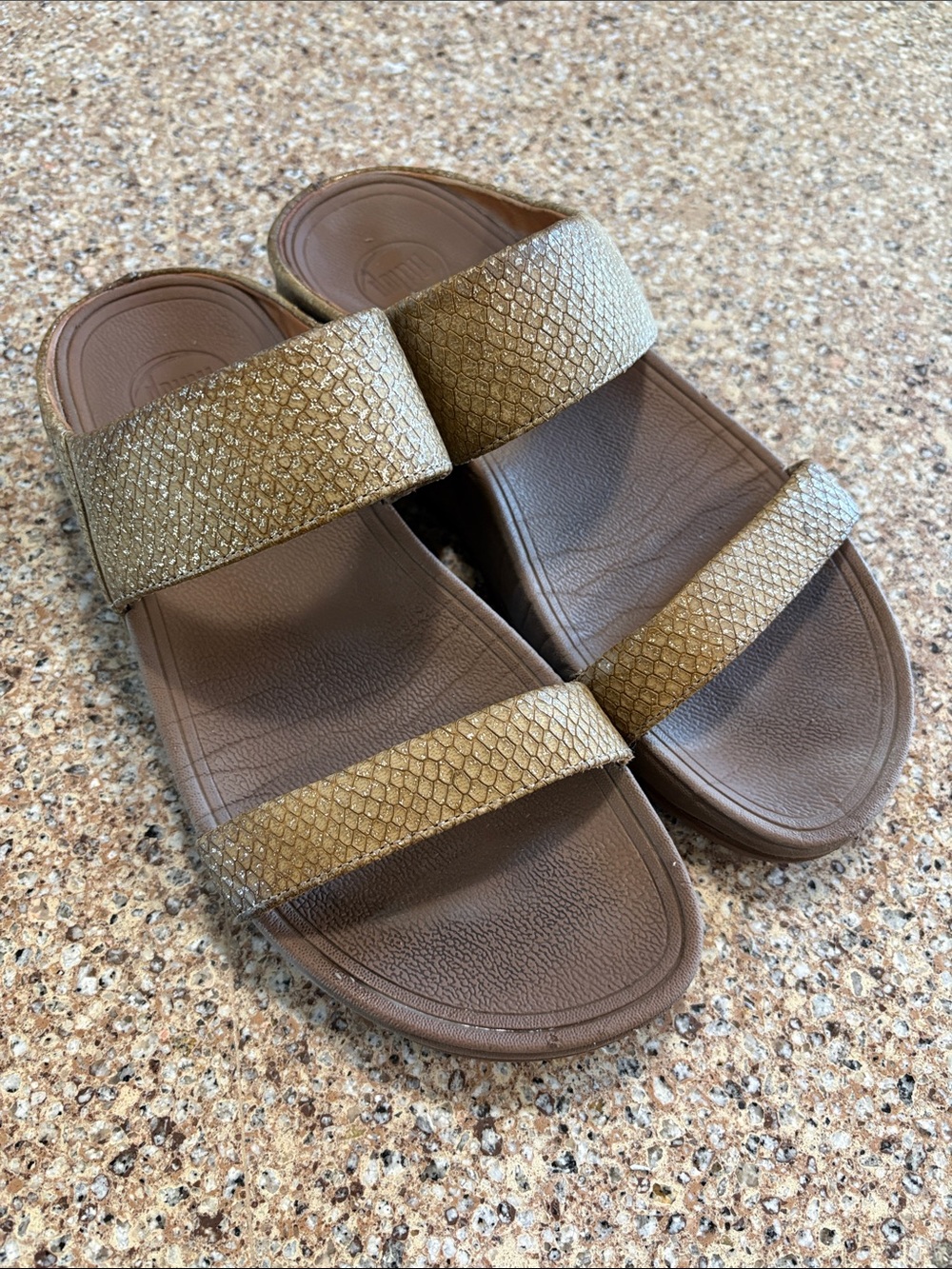 Fitflop Gold Embossed Cushioned Slide with Textured Insole. W 9